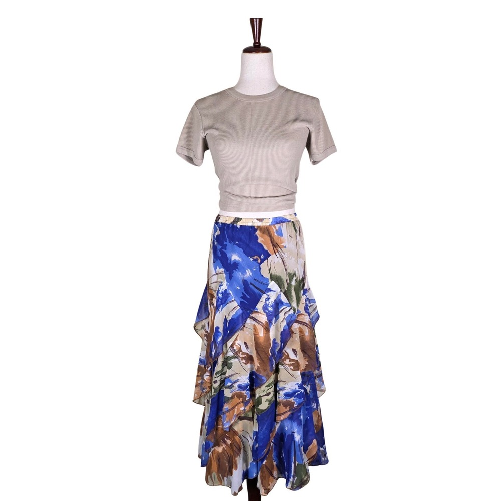 90s Slip Skirt Size Medium Blue Mermaid Ruffle Art Teacher‎ Whimsy Boho Floral